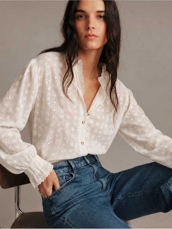Autres Filles Tops - White Eyelet Lace-Trim Button Blouse